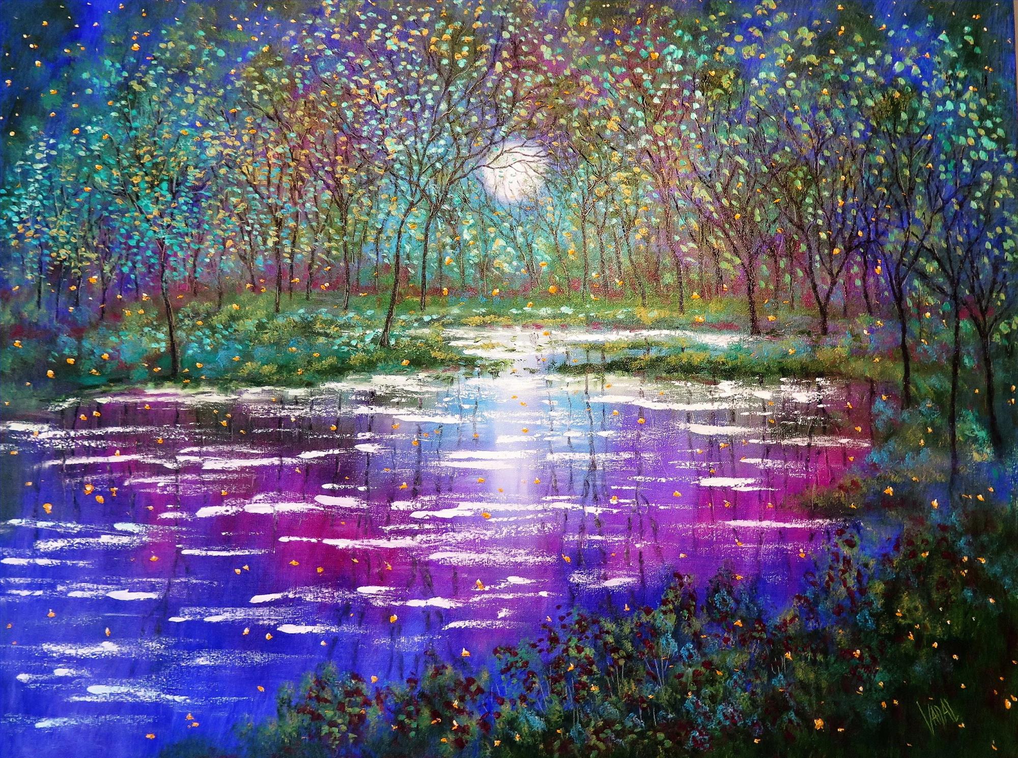 Landscape Spring Trees Lake and Fireflies garden decor scenery wall art nature landscape Oil Paintings